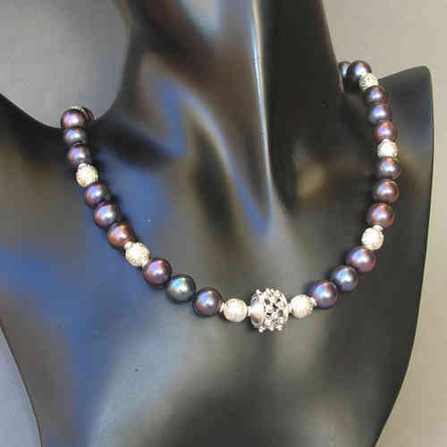 "Purple Shiny Pearl" Zuchtperlen Silber Collier