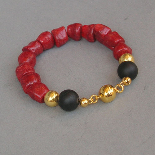 "Red Black Rocket" Koralle Onyx Armband Silber vergoldet